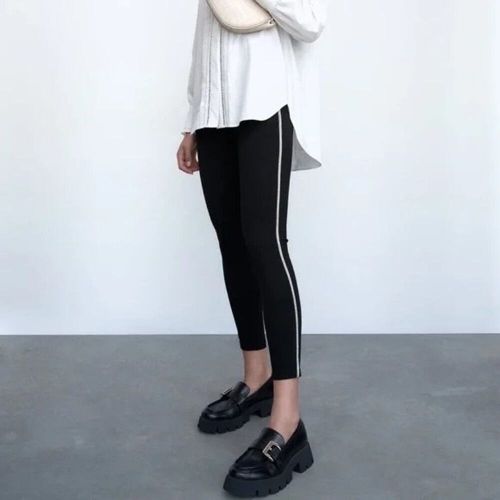 ZARA High Rise Side Appliqués Rhinestone Stripes Cropped Trouser Pants M Black
